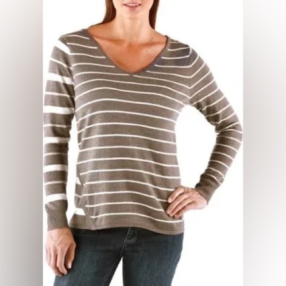 Smartwool Brown Cream Multi Striped V Neck Sweater Merino Wool - Picture 2 of 14